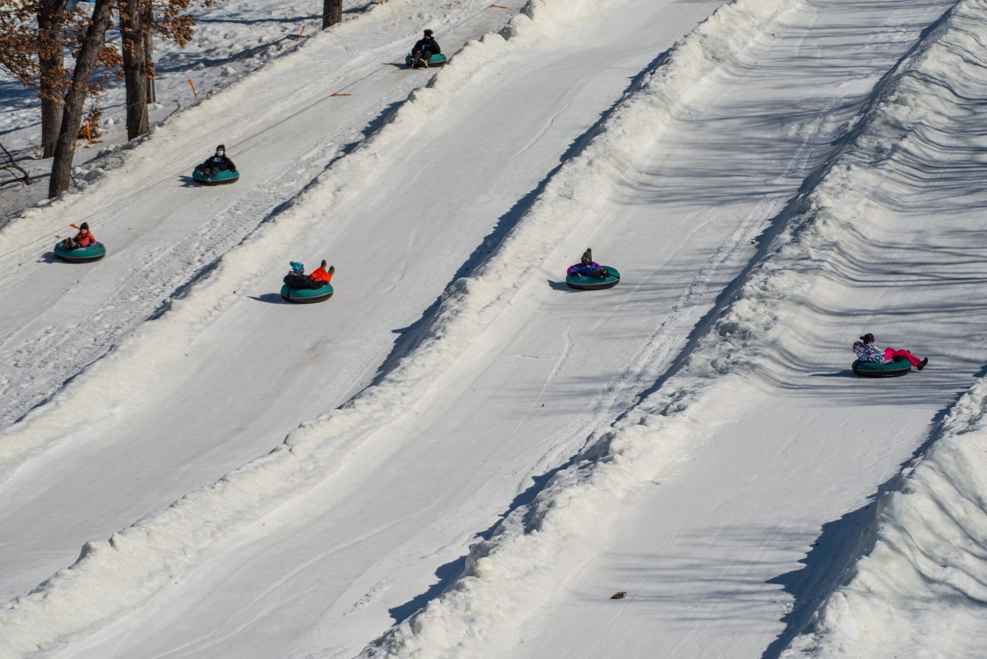 children tubing down rows of a snowy hill