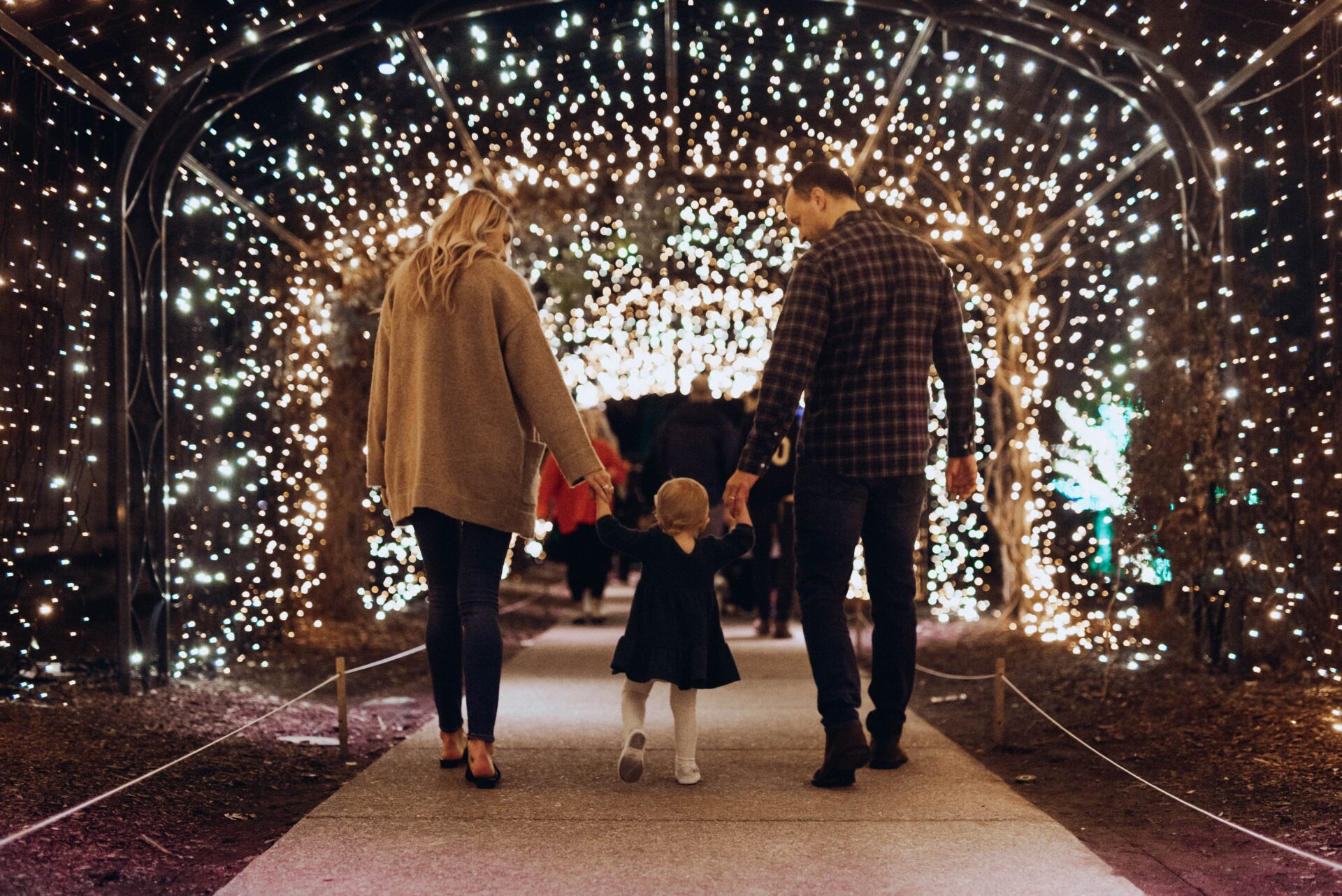 parents and child walking through lit up tunnel at Cheekwood Estate & Gardens