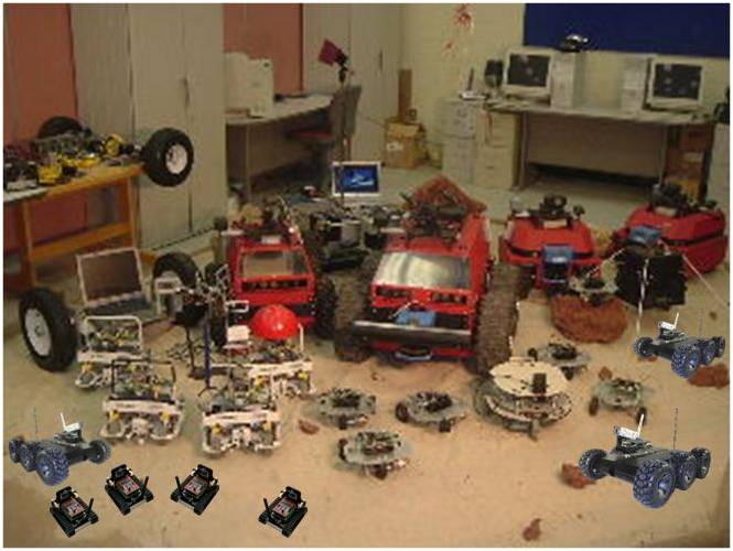 a bunch of robot machines with wheels