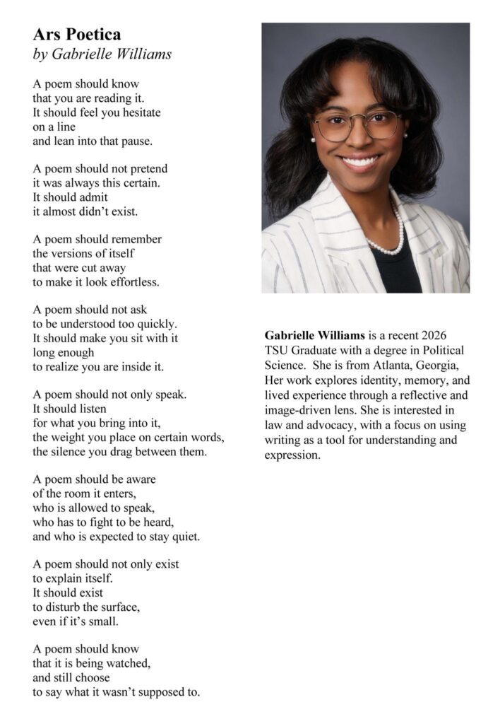 Image containing a photo of Gabrielle Williams and the text from her poem titled Ars Poetica.