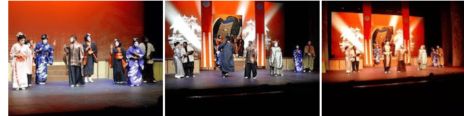 a group of people standing on a stage wearing costumes