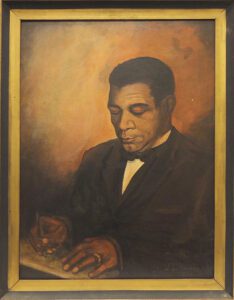 Painted portrait of a man writing on paper