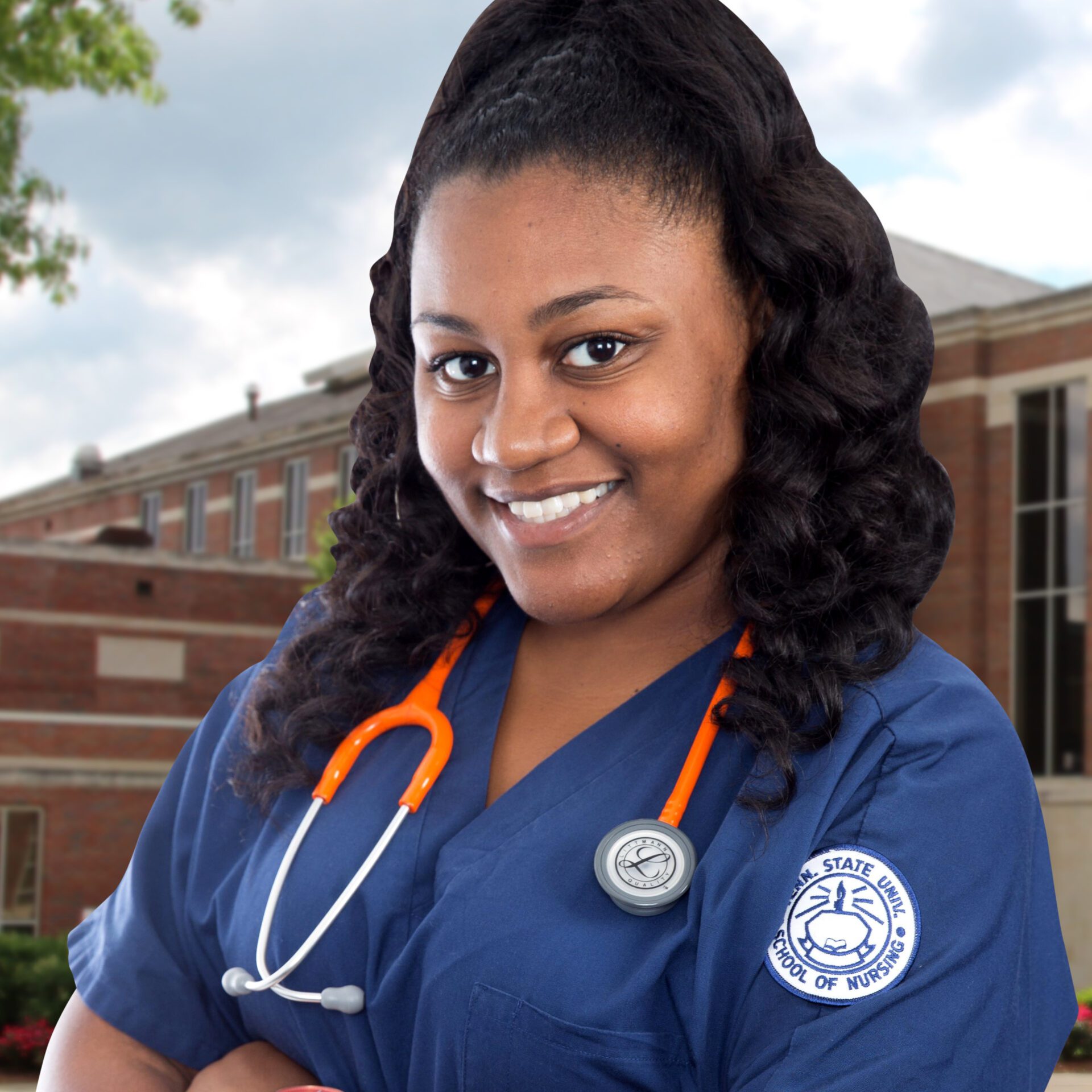 a nurse wearing scrubs and a statoscope standing outside of a building