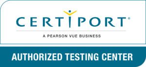 a white background with a blue outline with the text Certiport A Pearson Vue Business Authorized Testing Center