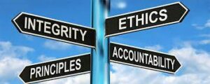 a pole with the words integrity, principles, ethics, and accountability