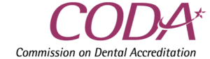 the text CODA in a purple text and the commission in dental accreditation in black text