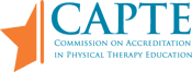 the text CAPTE commission of accreditation in physical therapy education in a blue font color 