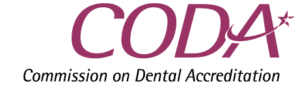 the text CODA in a purple color and the text Commission on Dental Accreditation in a black font color