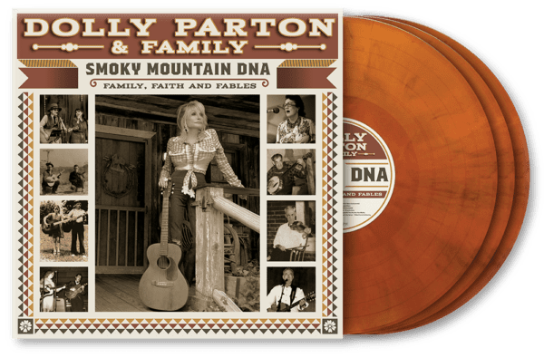 Dolly Parton & Family: Smoky Mountain DNA – Family, Faith and Fables album with orange vinyl records